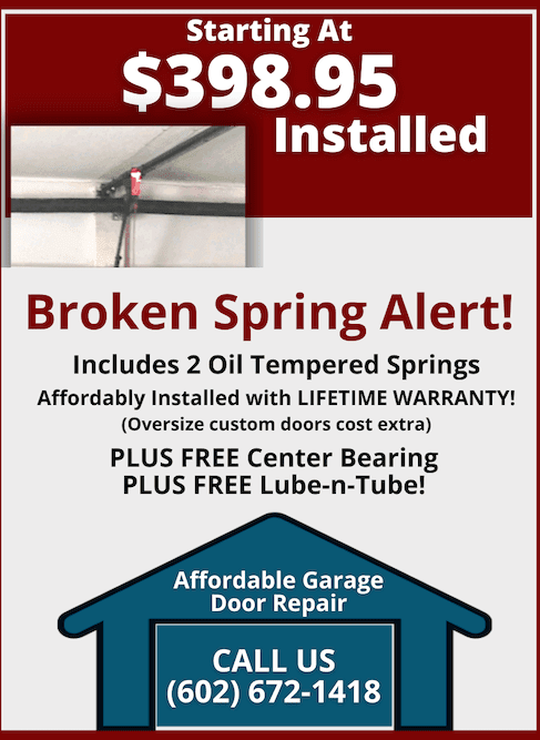 Advertisement for garage door repair. Offers new springs, center bearing, and lube-n-tube. Includes a lifetime warranty.