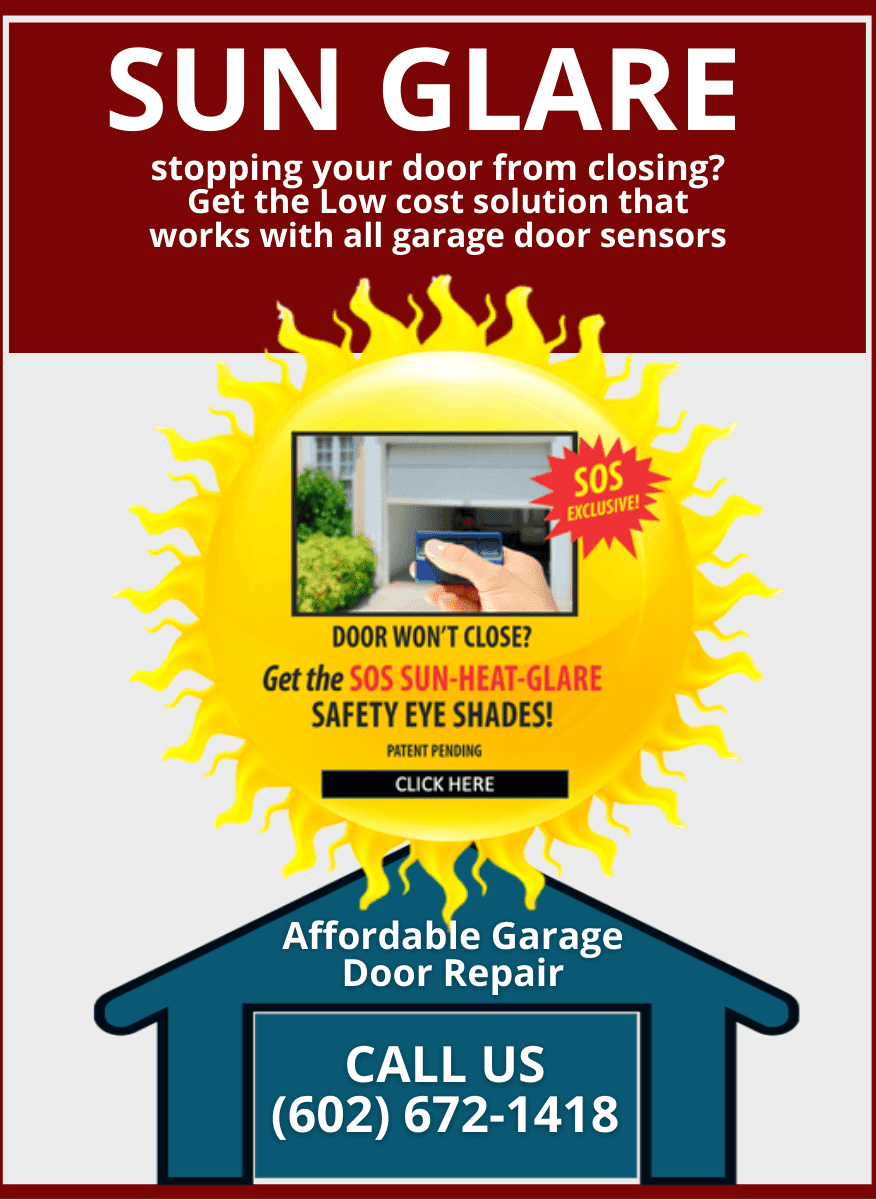 Advertisement: Sun glare solution for garage doors. Features a sun graphic, the garage door issue, and a phone number.