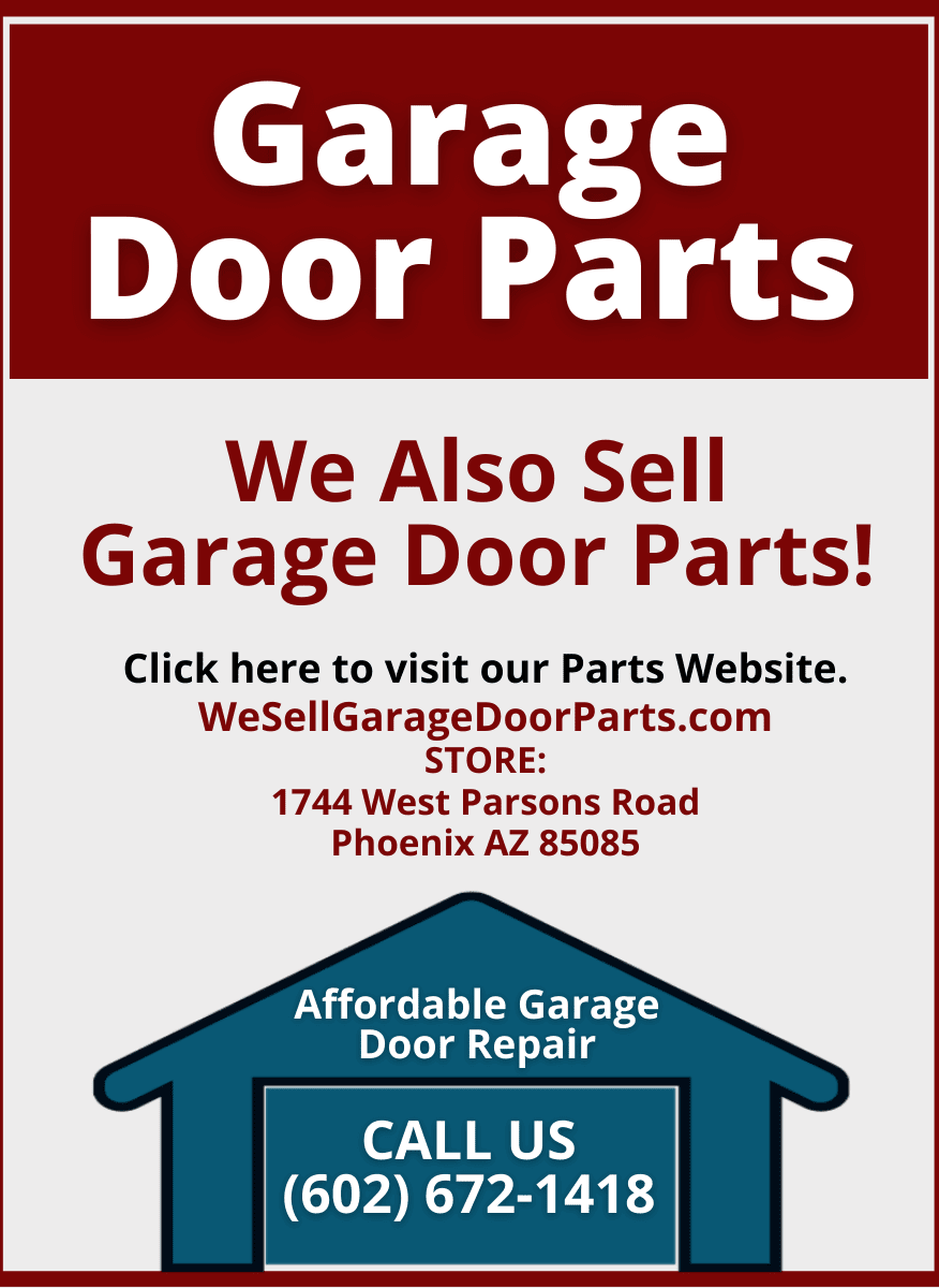 Advertisement for garage door parts and repair services in Phoenix, AZ, with contact information and a website.
