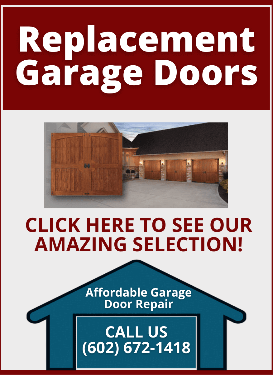 Advertisement for replacement garage doors; features several garage door styles with a call to action.