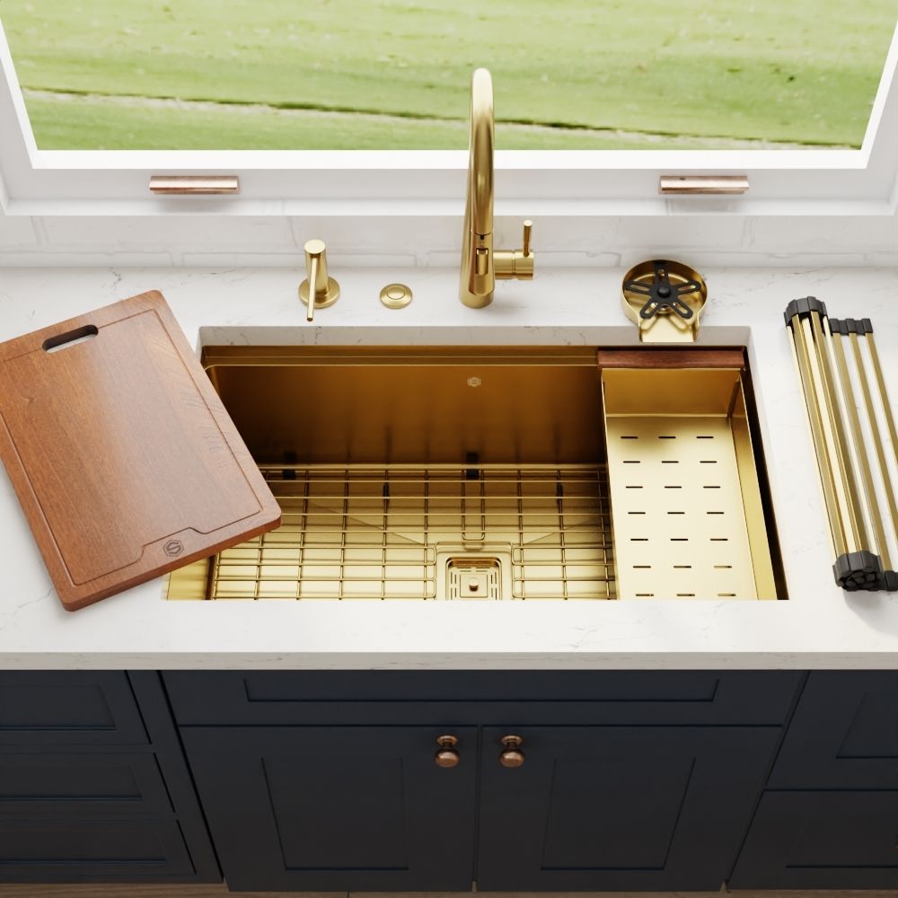 Kitchen sink area with black square matte sink tap in contemporary style.