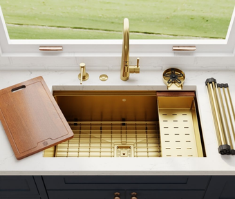 Kitchen sink area with black square matte sink tap in contemporary style. 