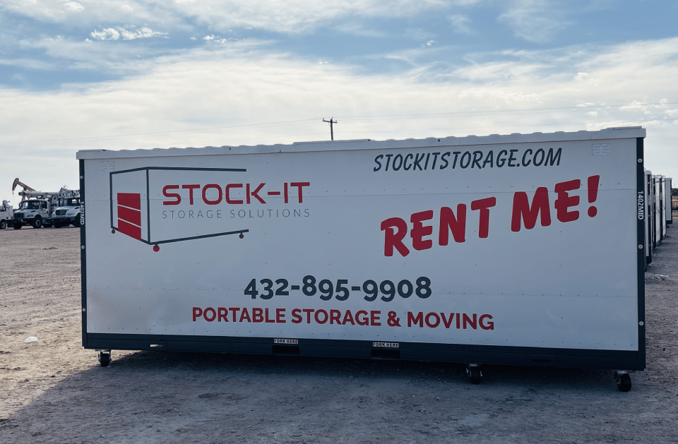 A large white sign that says stock-it on it