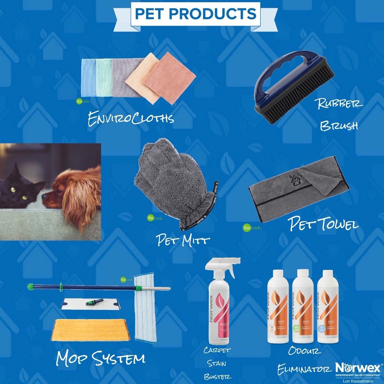 Norwex pet products: cloths, brush, mitt, towel, mop, and cleaning solutions displayed on blue.