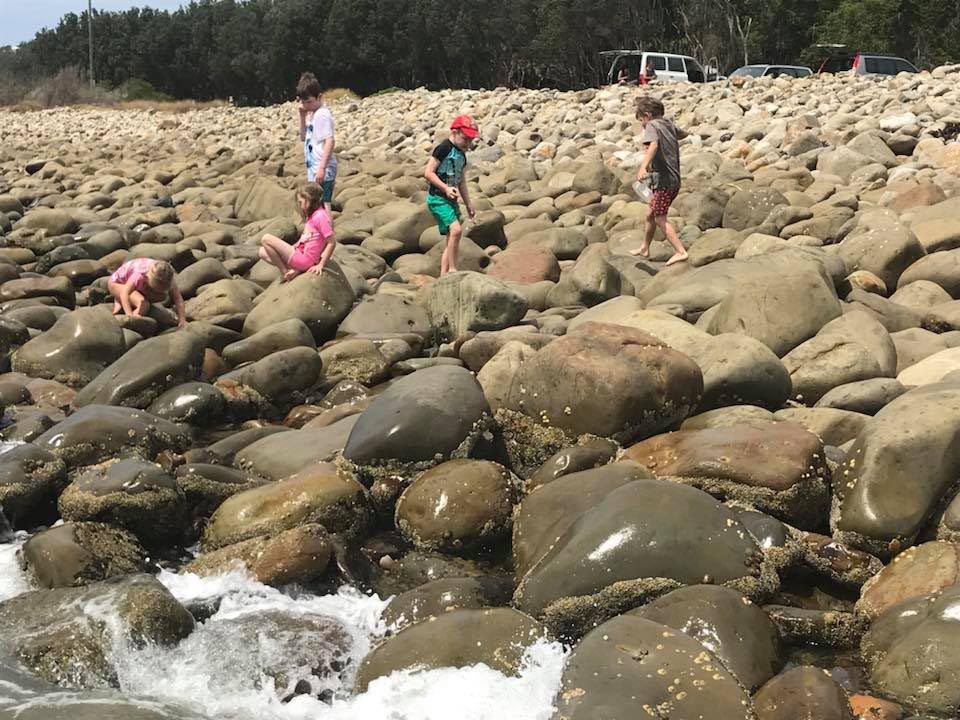 A Group of Children Are Playing on a Rocky Beach — Earth Angels Child Care Centre in Tinonee, NSW