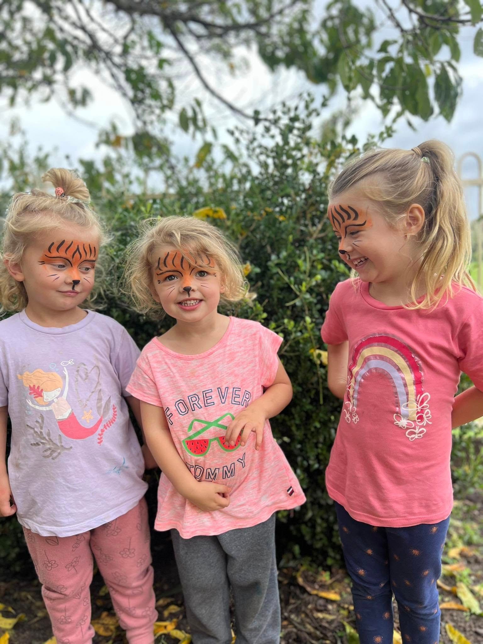 Three Little Girls Are Standing Next to Each Other With Their Faces Painted — Earth Angels Child Care Centre in Tinonee, NSW