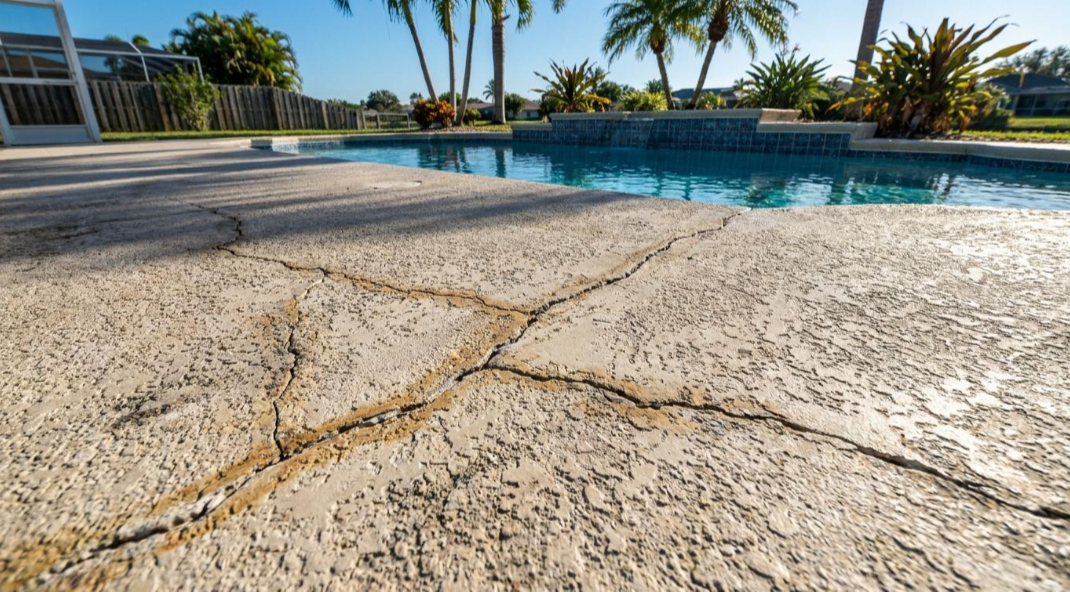 Backyard swimming pool with clear blue water and a metal handrail by the shallow end