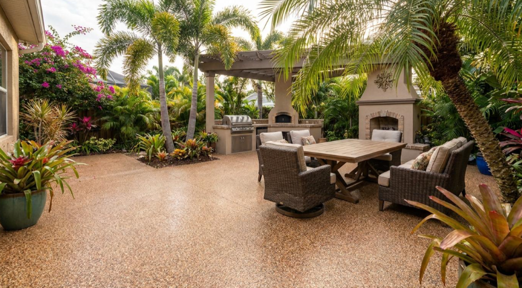 Tropical patio with wicker seating, fireplace, and lush palms surrounding a stone-tiled courtyard