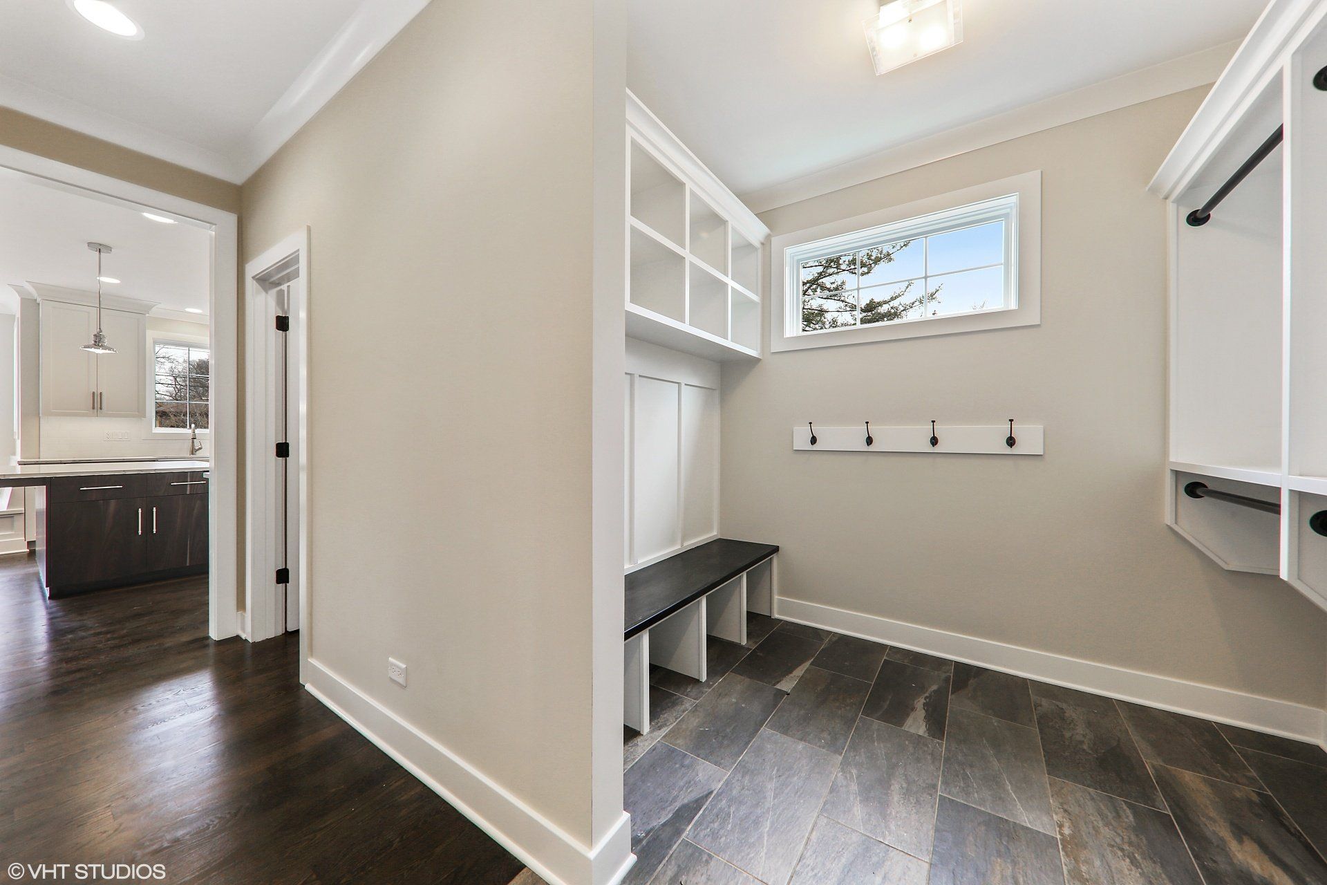 There is a bench in the middle of the room.