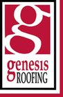 A red and white logo for genesis roofing