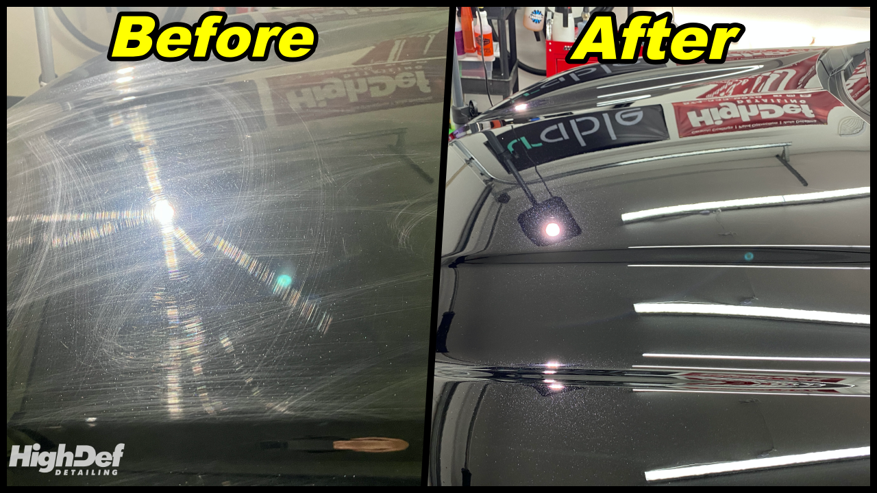 a before and after photo of a car 's hood .