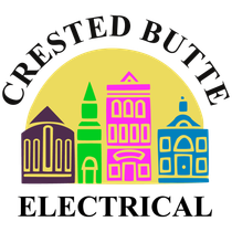 Logo for Crested Butte Electrical: colorful stylized buildings against a yellow sun, with text 