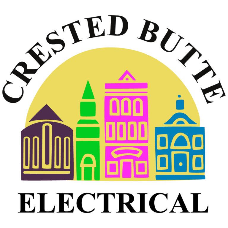 Crested Butte Electrical logo: colorful buildings silhouette with a yellow sunburst; black text.