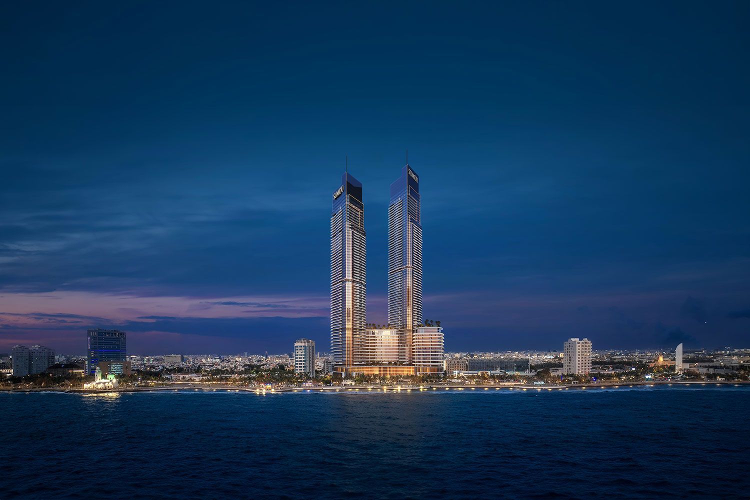 Sumou Towers night view on Jeddah waterfront