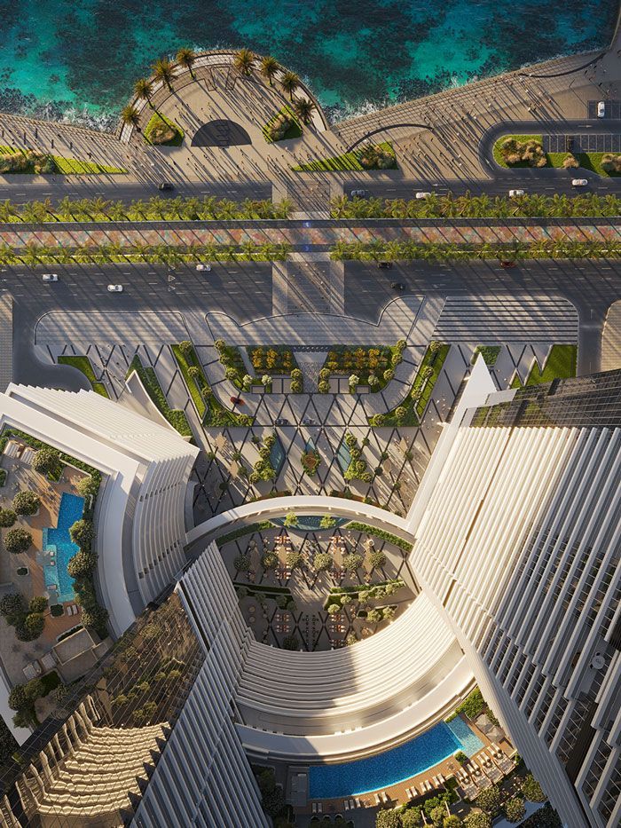 Arial view of the luxurious Sumou Towers, a mixed-use development on Jeddah waterfront