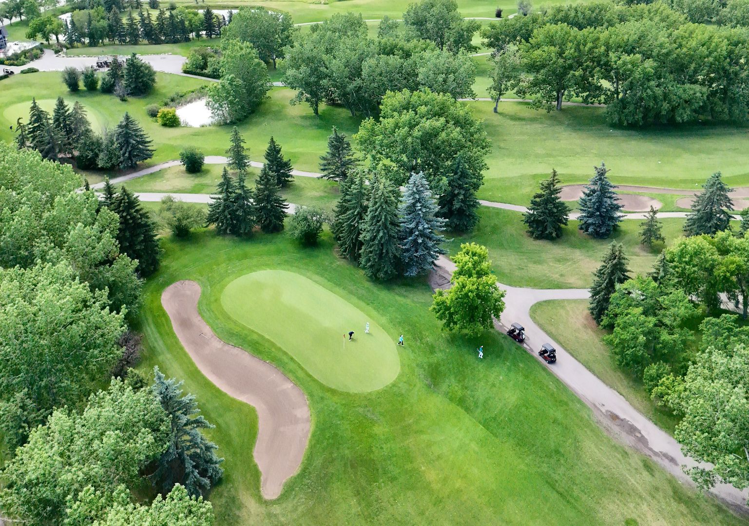 Aerial view of a green golf course with a sand trap, trees, and people on the putting green.