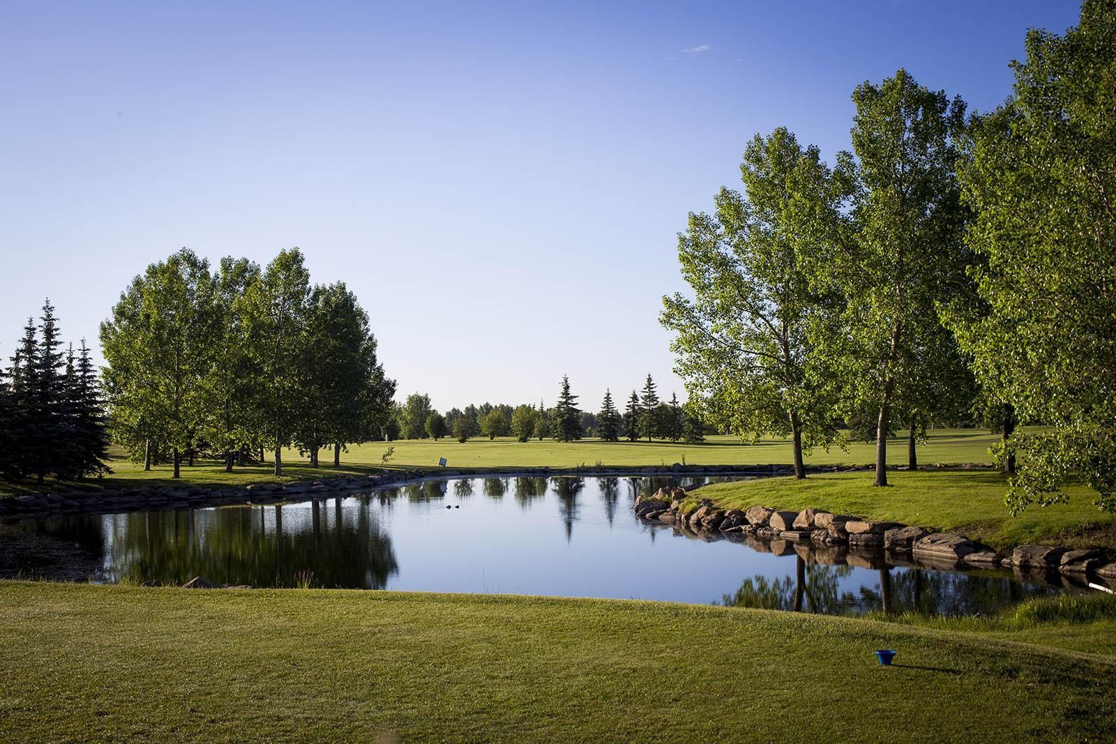 Lush green golf course with pond reflecting trees, sunny day.