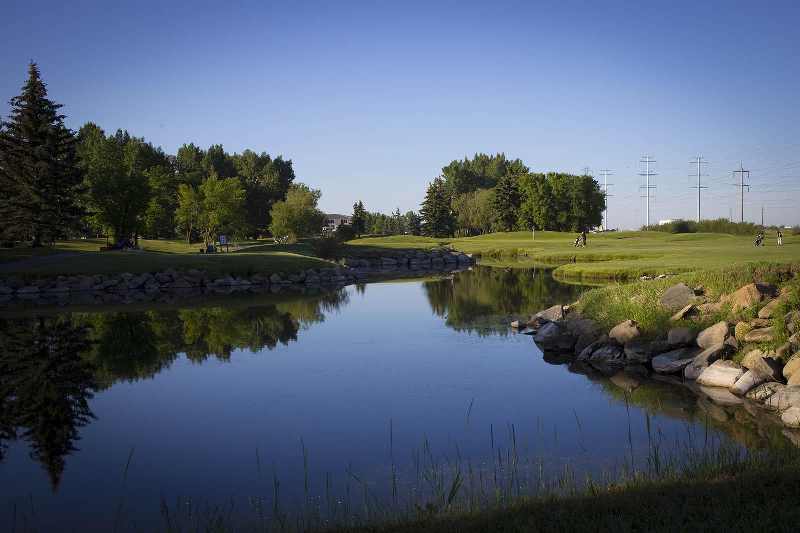 Calm lake reflecting trees and blue sky; grassy banks with rocks.