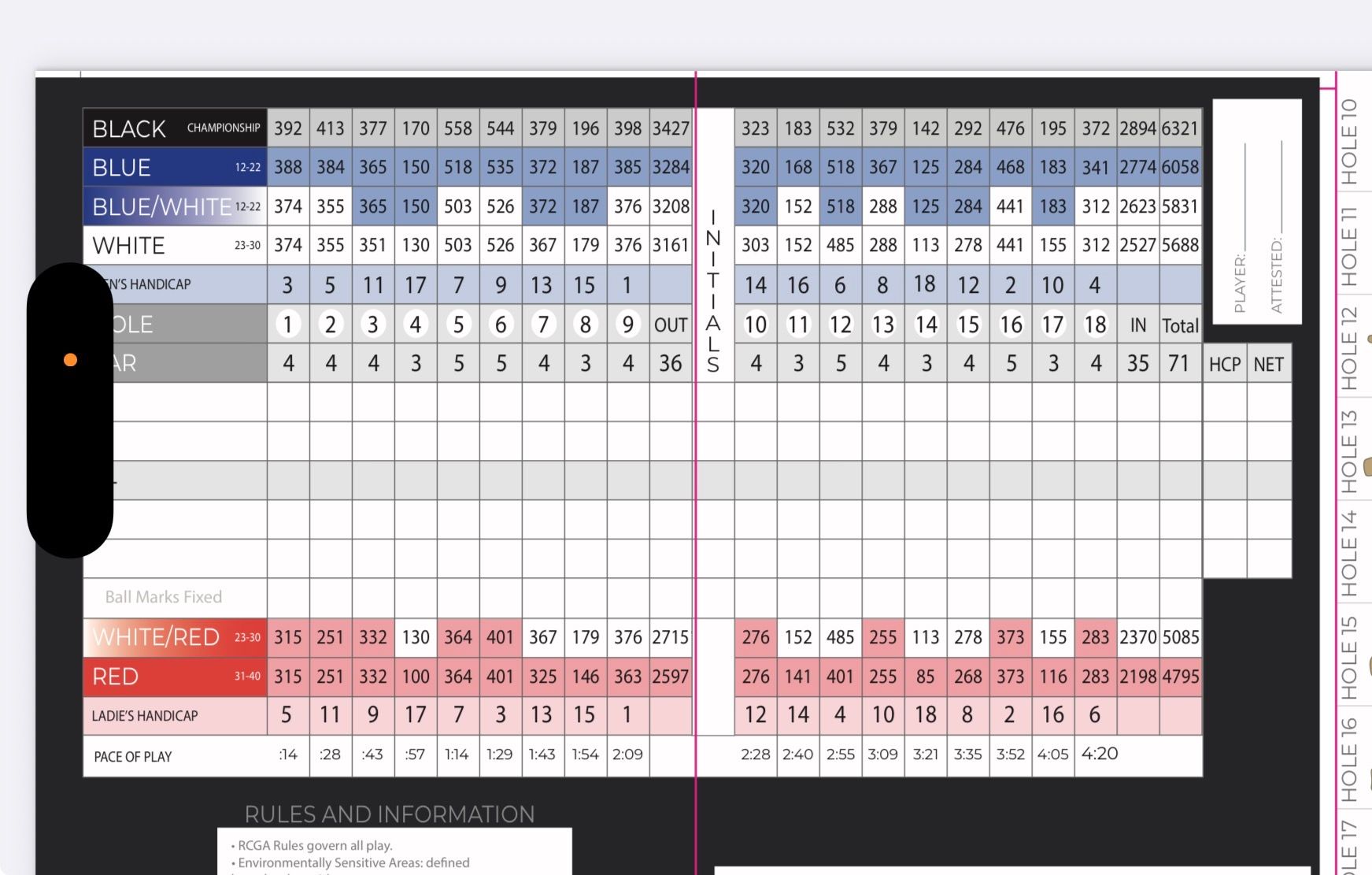Golf scorecard with tee box yardages and handicaps.