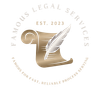 A logo for famous legal services shows a scroll and a feather