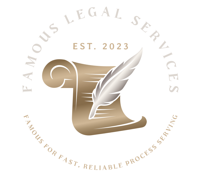 A logo for famous legal services shows a scroll and a feather