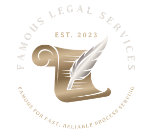 A logo for famous legal services shows a scroll and a feather