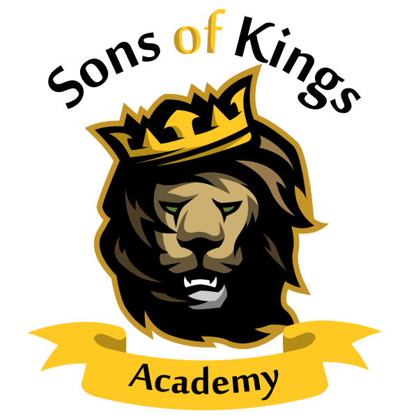 A logo for sons of kings academy with a lion wearing a crown