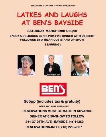 Event flyer for Latkes and Laughs at Ben's Bayside on March 29th at 6:30pm