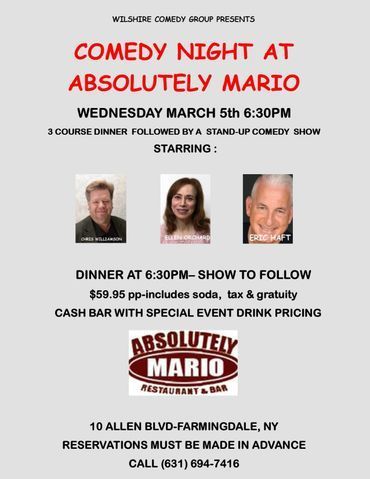 Comedy Night at Absolutely Mario, Farmingdale, NY, March 5th at 6:30 PM. Includes dinner for $59.95