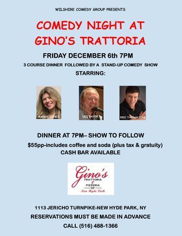 Event flyer for Comedy Night at Gino’s Trattoria on Dec 6th at 7pm in New Hyde Park.