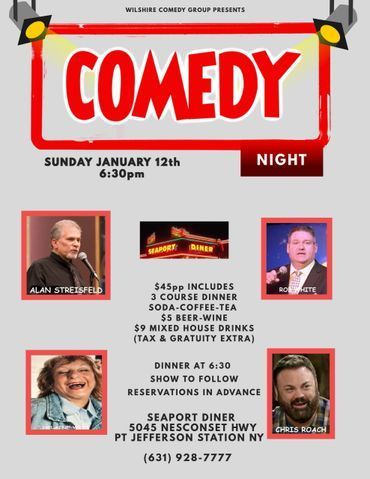 Event flyer for a Sunday, Jan 12th comedy night at Seaport Diner in Port Jefferson Station, NY.