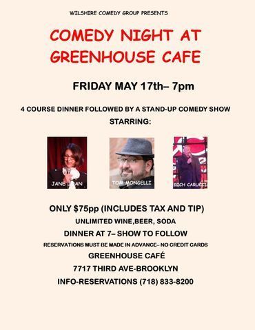 Flyer for a Comedy Night at Greenhouse Café on May 17th at 7pm in Brooklyn,