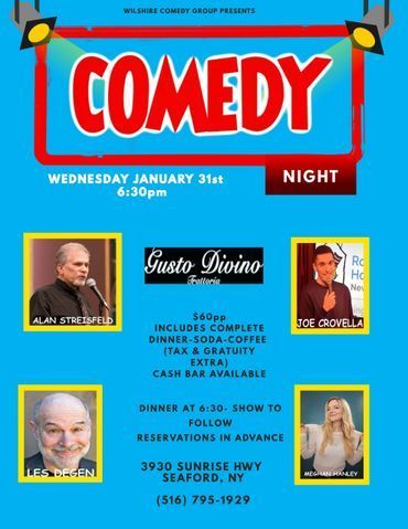 Event flyer for a comedy night at Gusto Divino in Seaford, NY, on Wednesday, January 31st at 6:30pm