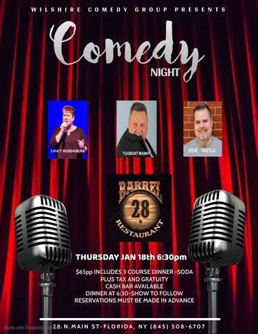 Comedy night poster for Barrel 28 Restaurant, featuring three performers, event details,