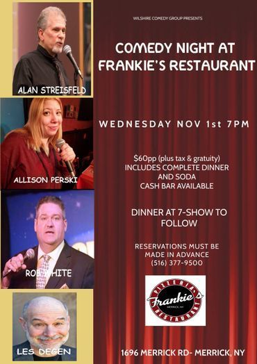 Event flyer for Comedy Night at Frankie’s Restaurant on November 1st at 7pm,