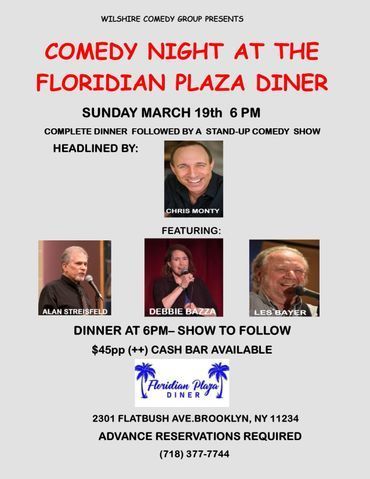 Flyer for a comedy night at Floridian Plaza Diner on Sunday,