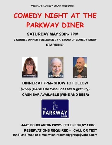 Flyer for Comedy Night at The Parkway Diner on May 20th at 7pm,