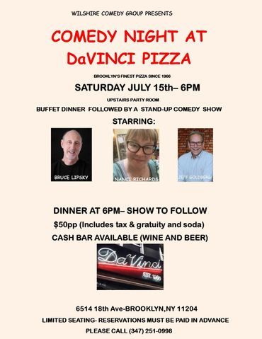 Event flyer for Comedy Night at DaVinci Pizza on July 15th at 6pm,.