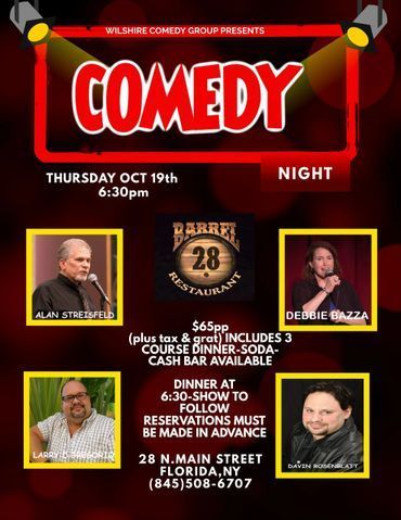 Comedy night flyer for Oct 19th at 6:30pm at Barrel 28 Restaurant, Florida, NY.