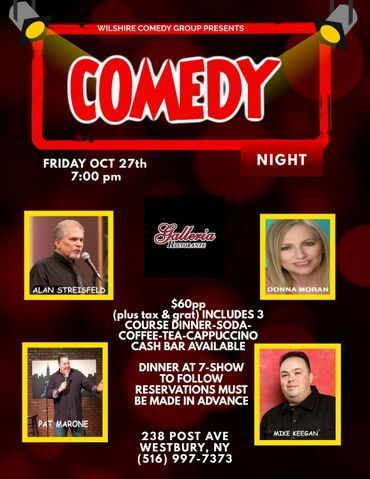 Event flyer for a comedy night on Oct 27th at 238 Post Ave, Westbury, NY