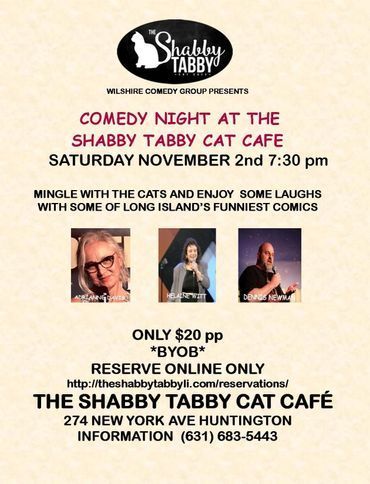 Flyer for Comedy Night at The Shabby Tabby Cat Cafe on November 2nd at 7:30 pm. Tickets $20,