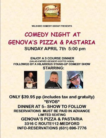 Event flyer for Comedy Night at Genova's Pizza & Pastaria in Medford on April 7th at 5:00 pm