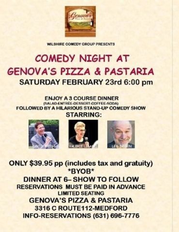 Flyer for Comedy Night at Genova's Pizza & Pastaria on Feb 23rd at 6 pm, $39.95 per person,
