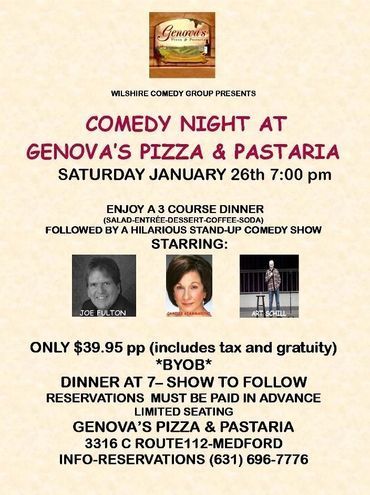 Event flyer for a comedy night at Genova's Pizza & Pastaria on January 26th at 7pm,