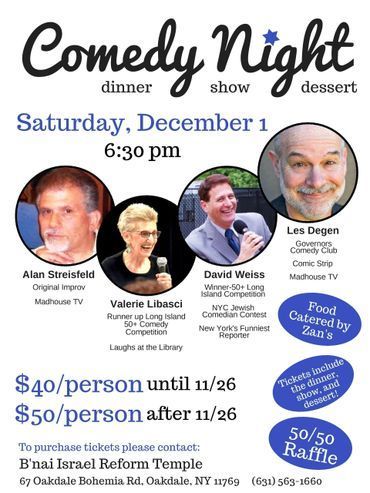Event flyer for a Comedy Night at B’nai Israel Reform Temple on Dec 1,