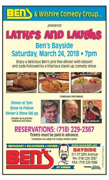 Event flyer for Latkes and Laughs at Ben’s Bayside on March 24, 2018,