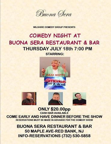 Event flyer for a comedy night at Buona Sera Restaurant & Bar in Red Bank, NJ on Thursday,