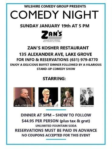 Event flyer for Comedy Night at Zan’s Kosher Restaurant in Lake Grove,