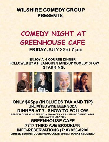 Flyer for Comedy Night at Greenhouse Cafe, Brooklyn, on July 23rd at 7 pm,