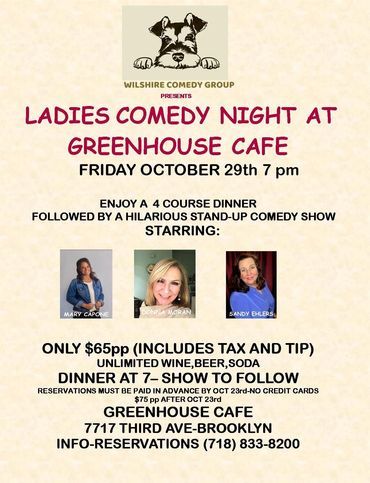 Event flyer for Ladies Comedy Night at Greenhouse Cafe, Brooklyn, on October 29th at 7pm,